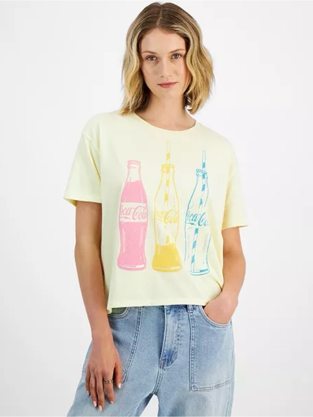 Coca Cola Pastel Yellow Tee with Pink, Yellow & Blue Bottle Graphic